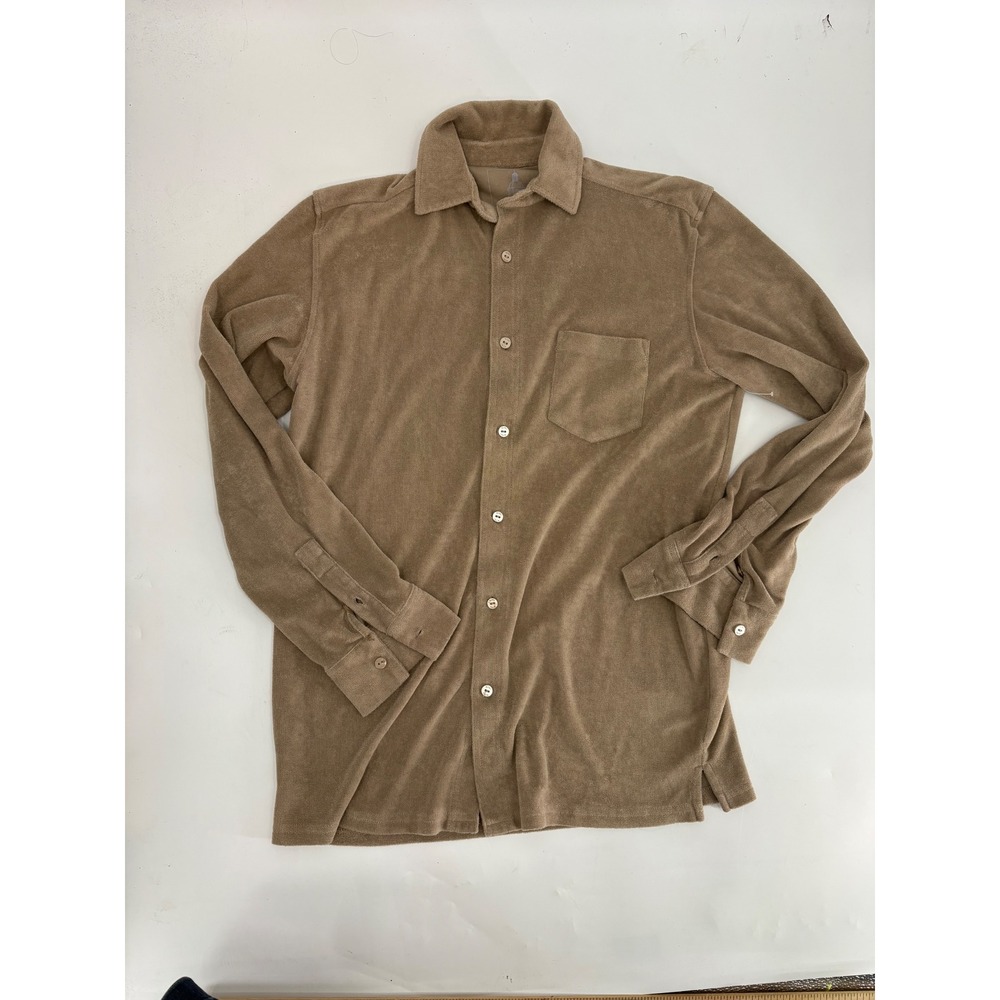 Kiwi Saint-Tropez Mens Tan Terry Cloth Long Sleeve Button Down Shirt Size S